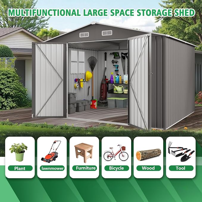10x12FT Outdoor Storage Shed,Waterproof Large Metal Garden Shed with Double Door and Two Translucent Windows,Vents,Tool Shed for Backyard Patio Lawn Poolside,Gray