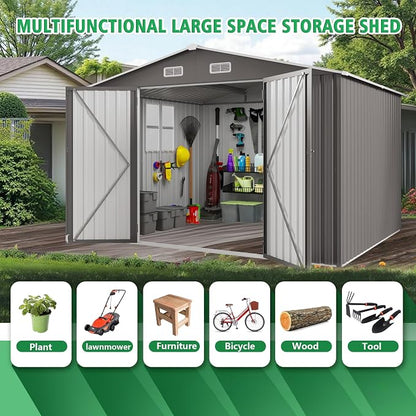 10x12FT Outdoor Storage Shed,Waterproof Large Metal Garden Shed with Double Door and Two Translucent Windows,Vents,Tool Shed for Backyard Patio Lawn Poolside,Gray