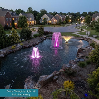 Half Off Ponds 1.5 HP Floating Fountain and Aerator | 12,500 GPH output, 11 spray patterns, White LED lights, 200 ft heavy-duty cord, Energy-efficient