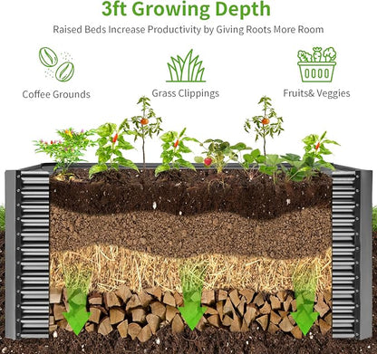 Land Guard 8x4x3ft Rectangular Galvanized Raised Garden Beds, Large-Capacity Metal Planter Box Outdoor, Durable Deep Raised Garden Bed 3ft Tall, Raised Beds for Gardening Vegetables, Modern Gray