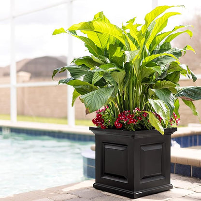 Mayne Nantucket 16-Inch Square Planter – Self-Watering, Weather-Resistant Planter for Flowers – Durable Outdoor Design for Patio, Porch, or Entryway, Black