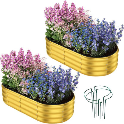 ZFHgarden Garden Box Raised Flower Bed Galvanized Metal Planter Round Raised Garden Bed Kit for Gardening Outdoor 2PC Gold 4X2X1FT