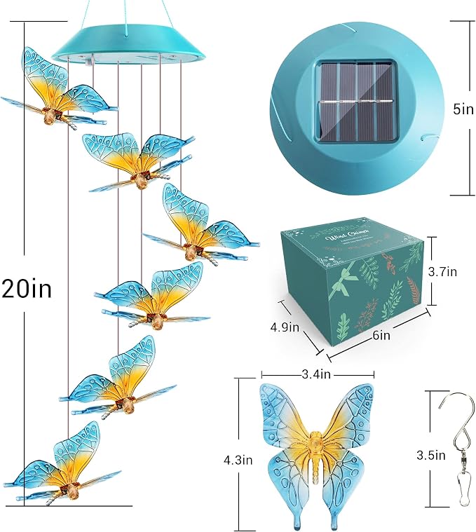 Solar Butterfly Gift for Mom Girls, Color Changing Wind Chimes for Outside, Solar Outdoor Decorative Mobile Lights for Garden, Yard, Patio, Window, Christmas Decorations, Gift for Women