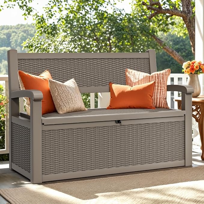 YITAHOME 70 Gallon Deck Bench with Storage | Outdoor Storage Box Bench with Armrests for Patio Garden Pool Porch , Waterproof&Lockable, Light Brown