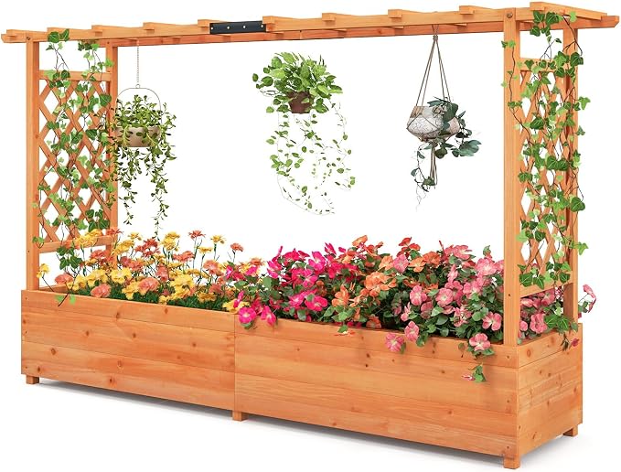ORALNER Raised Garden Bed with Trellis, Wooden Planter Box with Climbing Frame, Outdoor Elevated Garden Box for Vegetables, Herbs, Flowers, Fruits (Large)
