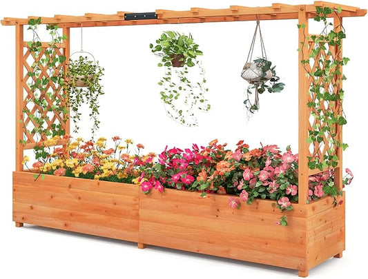 ORALNER Raised Garden Bed with Trellis, Wooden Planter Box with Climbing Frame, Outdoor Elevated Garden Box for Vegetables, Herbs, Flowers, Fruits (Large)