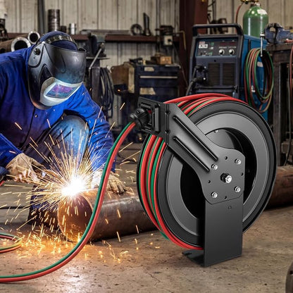 VEVOR Retractable Welding Hose Reel, 1/4 Inch x 100FT Twin Oxygen Acetylene Rubber Hose Max 300PSI - R Grade, Ceiling/Wall Mount Heavy Duty Steel Hose Reel Auto-Rewind, Ideal for Workshops Garages