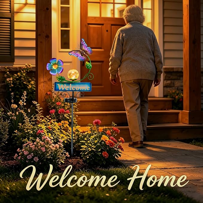 Butterfly Garden Decorations for Outside, Solar Waterproof Stake Lights with Welcome Sign for Yard Lawn Patio Pathway, Warm Gifts for Mom Grandma Housewarming (Butterfly)