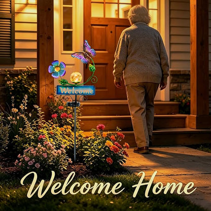 Butterfly Garden Decorations for Outside, Solar Waterproof Stake Lights with Welcome Sign for Yard Lawn Patio Pathway, Warm Gifts for Mom Grandma Housewarming (Butterfly)