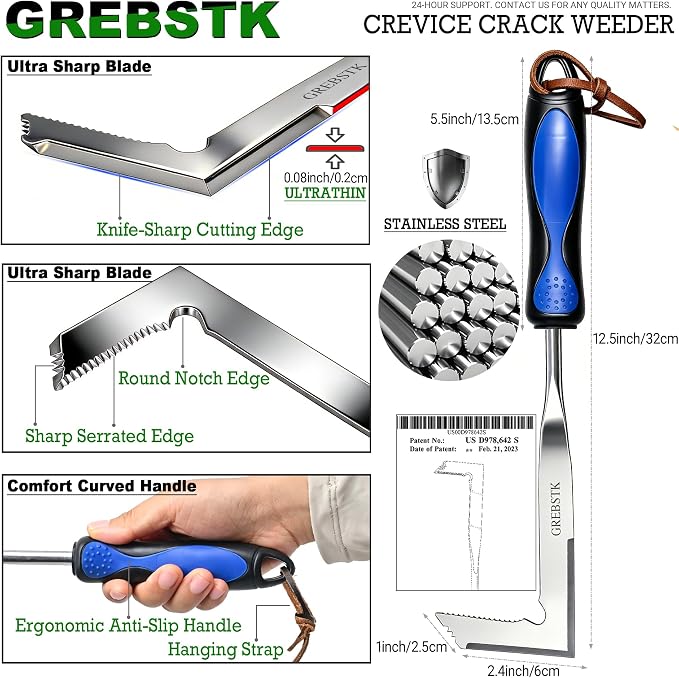 GREBSTK Crack Weeder Crevice Weeding Stainless Steel Sharp Lightweight Tool | Razor-Sharp Rust-Resistant L-Shaped Blade, Comfortable Non-Slip Handle, for Patio Cracks, Driveway Gaps, Walkway Edging