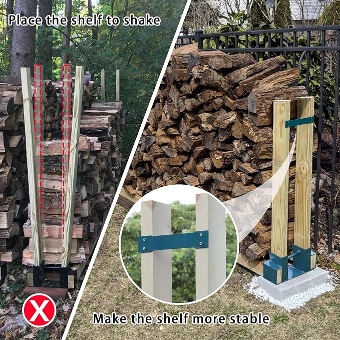 MOFEEZ Outdoor Firewood Log Storage Rack 2x4 Bracket Kit, Fireplace Wood Storage Holder, Adjustable to Any Length - Dark Blue, Two Bases