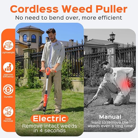 Weed Puller Tool, 21V Powerful Electric Weeder Tool with 2.0Ah Battery and Charger, Garden Tools Weed Pulling Tool with 3-Claw Steel Head for Smooth Weeding, Ideal Gifts for Men Women Mom Dad, Orange