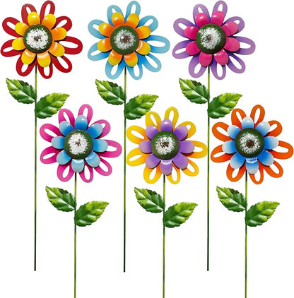 Metal Flower Garden Stakes Set of 6, Outdoor Yard Art Decorations, Hand-Painted Flower with Shaking Head Lawn Stakes for Garden, Patio, Flower Bed, Spring Summer Outdoor Decor
