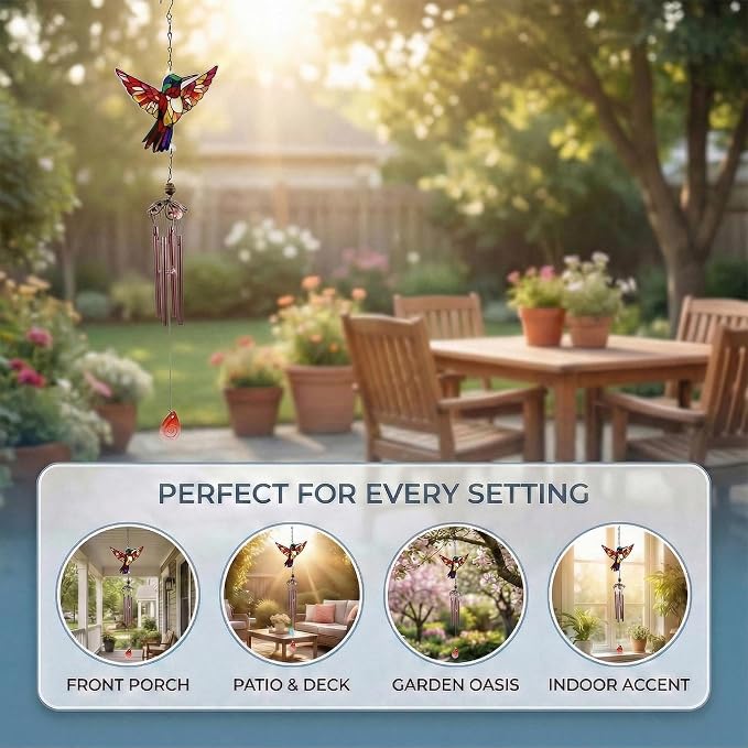 Wind Chimes for Outside, Amber Stained Glass Hummingbird Wind Chime, Deep Tone Memorial Gifts for Women Mom Grandma, Durable Metal Garden Patio Yard Window Decoration