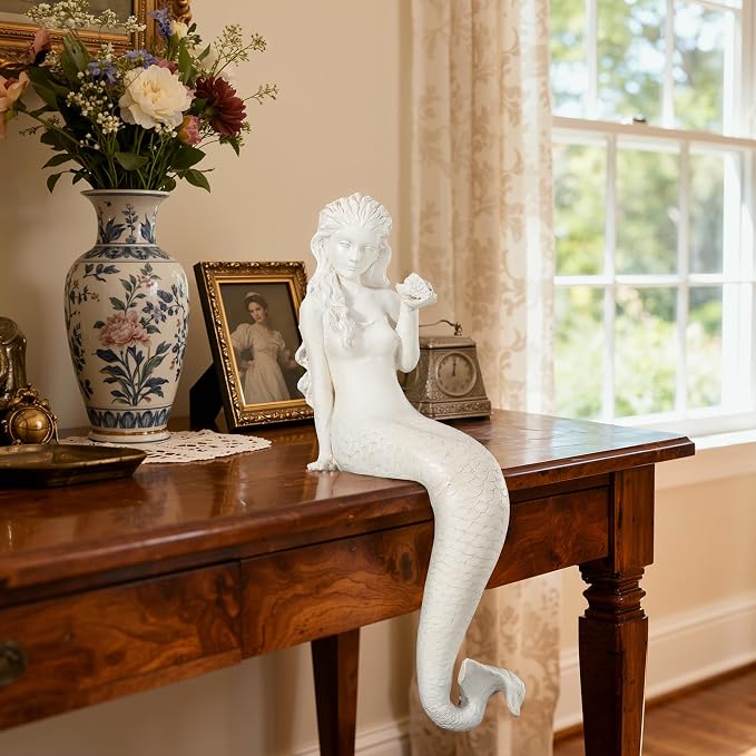 Mermaid Statue Outdoor, Large 25.6 Inch Garden Sculpture Figurines for Lawn and Patio Decor, Durable MGO Stone Yard Art with Weatherproof Finish for Indoor Decor Christmas Gift Antique White