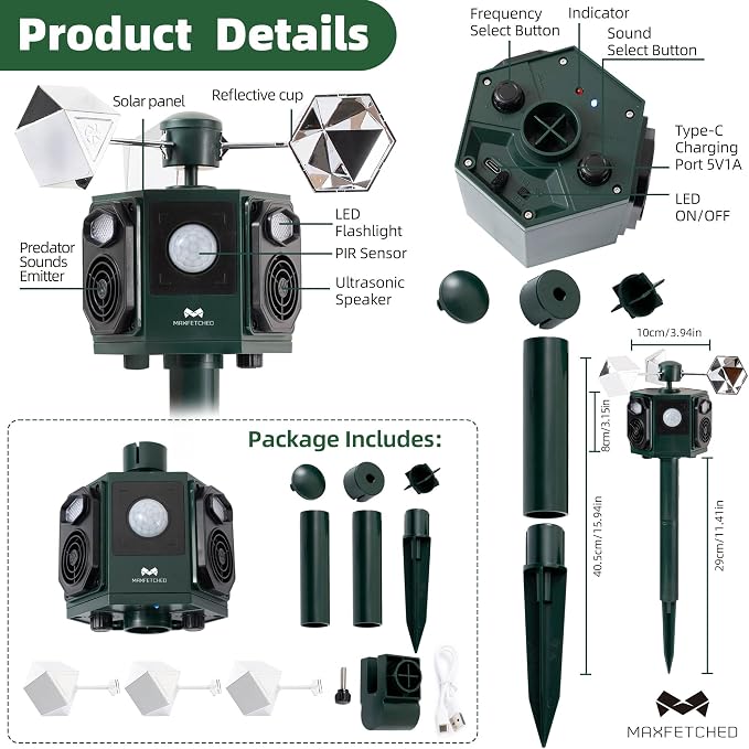 Ultrasonic Animal Repeller Outdoor Solar Powered - Motion Sensor Squirrel Cat Deer Bird Repellent Devices, Dual Horn 5 Animal Sounds, Spinner Reflector for Garden Farm Orchard Protection
