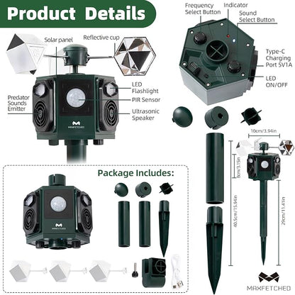 Ultrasonic Animal Repeller Outdoor Solar Powered - Motion Sensor Squirrel Cat Deer Bird Repellent Devices, Dual Horn 5 Animal Sounds, Spinner Reflector for Garden Farm Orchard Protection