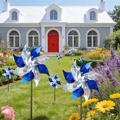 Hausse 12 Pack Reflective Blue Pinwheels with Stakes (Pre-assembled), Extra Sparkly Pin Wheel for Garden Decor, Bird Repellent Devices Deterrent to Scare Birds Away from Yard Patio Farm, Silver & Blue