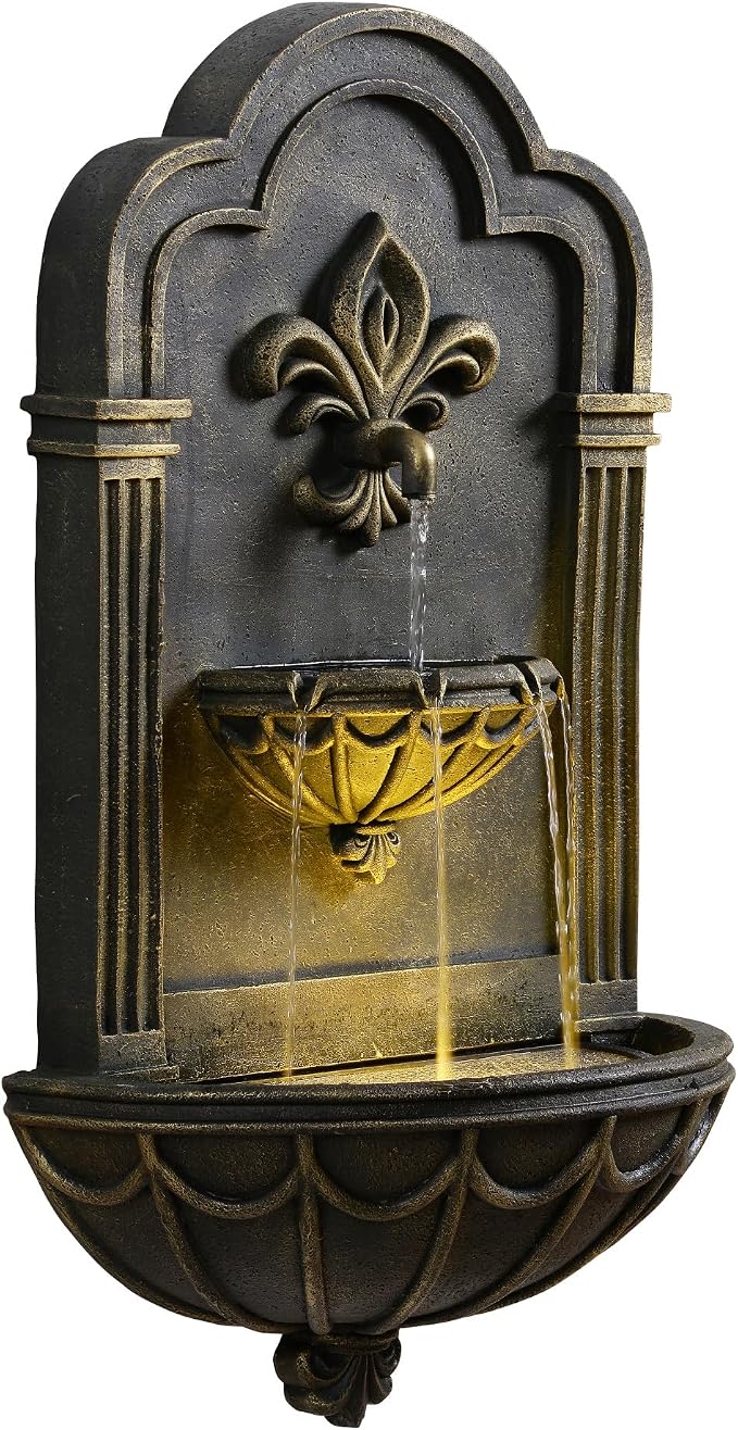 Teamson Home Fleur-de-lis Outdoor Water Fountain, Black & Gold | Warm Glow Lighting, Adjustable Flow, Electric Pump