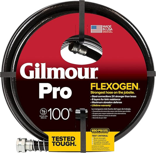 Fiskars Garden Watering 60058100Gt Flexogen Pro Hose, 5/8 By 100' | Leak-Proof Steel Couplings, Kink Resistant 8-Layer Design, 650 PSI, Made in USA
