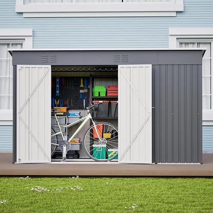 YOPTO 10x4 FT Outdoor Storage Shed, Metal Sheds with Floor Base & Open Firewood Storage,Steel Garden Shed with Lockable Doors,Sloped Roof,Windows, 2 in 1 Large Tool Shed for Patio, Backyard, Lawn.Gray