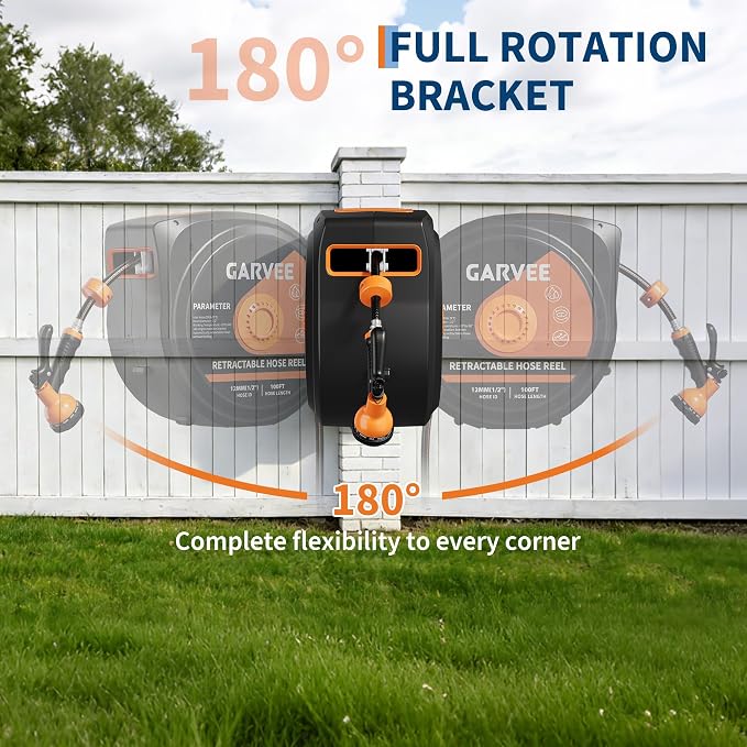 1/2 in x 100 ft Retractable Garden Hose Reel, Wall Mounted, 9-Function Nozzle, Any Length Lock, 180° Swivel, Auto Slow Rewind for Watering Lawn, Washing Car, Cleaning Patio