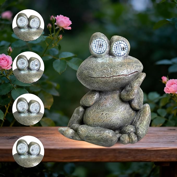 NBQQ Solar Rabbit Statue with Lantern – Cute Resin Bunny Holding Tree, Outdoor Waterproof Garden Decor, Auto On/Off LED Night Light for Patio Yard Lawn Indoor, Unique Housewarming Gift (Frog)