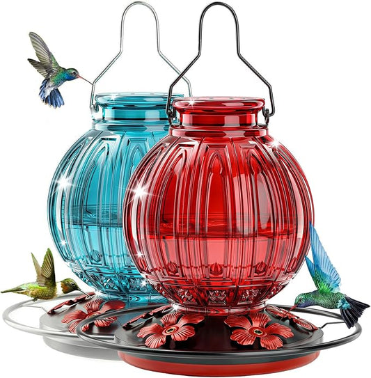 2 Pack Glass Hummingbird Feeder for Outdoors Hanging, Bird Nectar Feeder with Perch & 5 Flower Feeding Ports, 26 Oz Leak Proof for Outside Garden Decor Backyard, Gifts for Women Mom, Red + Blue