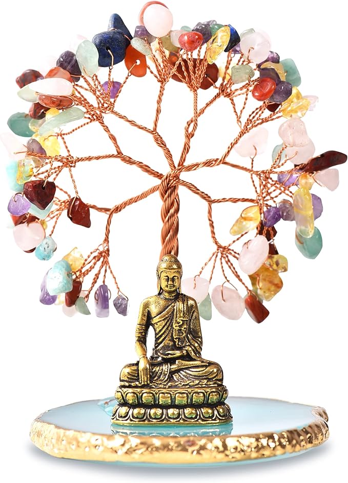 Buddha Statue with Healing Crystal Tree, Tree of Life for Positive Energy. Home Decor Yoga Meditation.7 Chakra.(C)