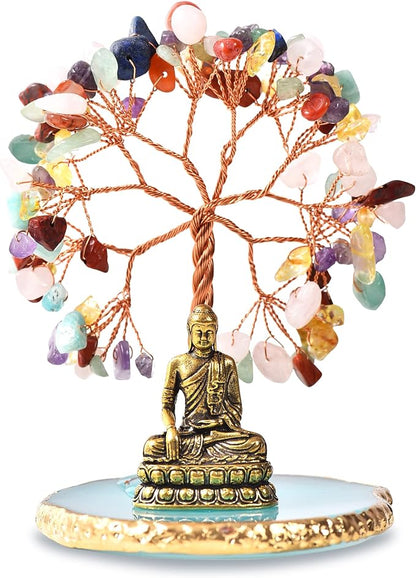 Buddha Statue with Healing Crystal Tree, Tree of Life for Positive Energy. Home Decor Yoga Meditation.7 Chakra.(C)