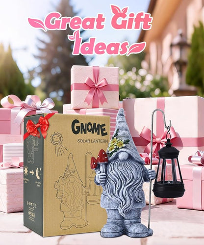 Garden Gnome Statue with Lantern: Outdoor Waterproof Sculpture | Home Yard Lawn Balcony Patio Porch Decorations, Birthday Gifts for Mom Women Grandma