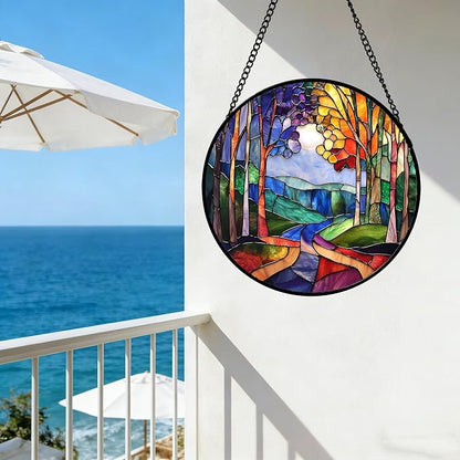 DASTOLL Stained Glass Window Hanging, Colorful Forest Landscape Tree Suncatcher for Doors Window Home Abstract Sun Catchers Decoration Mother's Day Birthday Gifts for Women, Men, and Mom 9.8 in