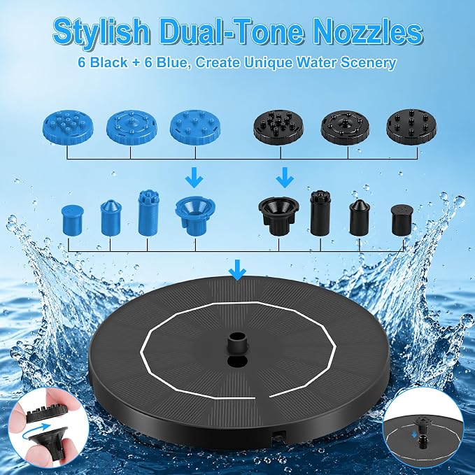 3.5W Solar Fountain Pump, Solar Bird Bath Fountain with 6 Blue & 6 Black Nozzles, Solar Water Pump for Outdoor Garden Patio Small Pond Fish Tank Landscape Decoration