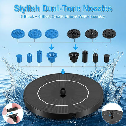3.5W Solar Fountain Pump, Solar Bird Bath Fountain with 6 Blue & 6 Black Nozzles, Solar Water Pump for Outdoor Garden Patio Small Pond Fish Tank Landscape Decoration