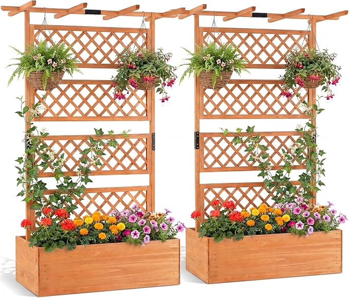 Giantex Raised Garden Bed with Trellis 2 Pack, 72'' Wooden Planter Box Outdoor w/Privacy Screen Roof, Large Vertical Garden Planter w/Drainage Holes for Climbing Plants, Patio Balcony Backyard