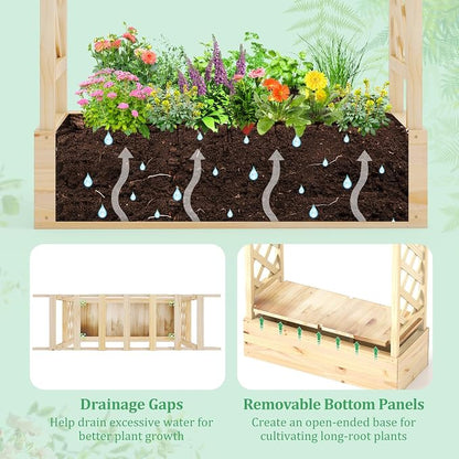 HAPPYGRILL Raised Garden Bed with Trellis, 2 Wood Planter Box w/Hanging Roof, Drainage System, Elevated Garden Box for Climbing Vine, Outdoor Planter w/Trellis for Patio Balcony, 44" x 14" x 45"