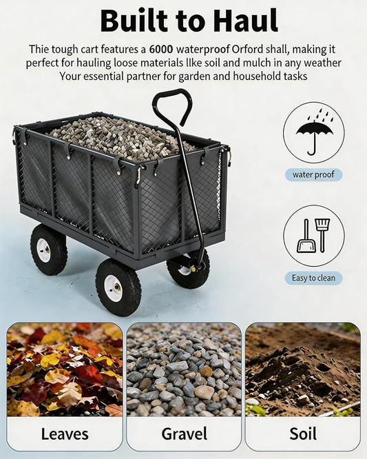 GarveeTech 800LBS Heavy Duty Steel Garden Cart, Garden Wagon Cart on Wheels, Metal Yard Utility Wagon with Removable Mesh Sides, 10" All Terrain Tires, 180° Rotating Handle for Lawn, Garden, Farm