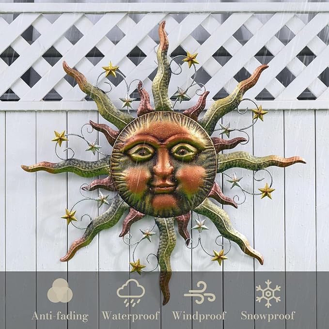 TERESA'S COLLECTIONS Sun Metal Wall Art for Outdoor Decor,25" Bronze Sun Face 3D Wall Decor for Garden Decor,Rustic Retro Hanging Sculpture for Outside Living Room Home Patio Farmhouse Gifts for Mom