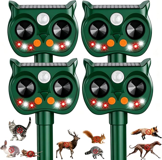 4Pack Solar Animal Repeller Outdoor, Sonic Fortress Pro Deer Repellent | Sensor & LED Flashing Lights, Solar Deer Rabbit Squirrel Raccoon Cat Repellent, IP65 Waterproof Garden Yard Protector