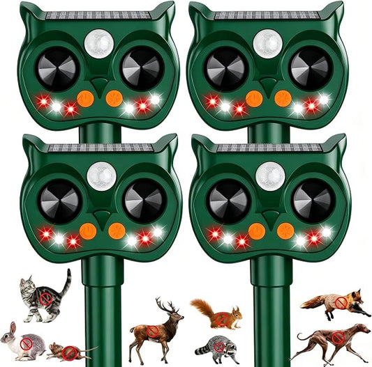 4Pack Solar Animal Repeller Outdoor, Sonic Fortress Pro Deer Repellent | Sensor & LED Flashing Lights, Solar Deer Rabbit Squirrel Raccoon Cat Repellent, IP65 Waterproof Garden Yard Protector