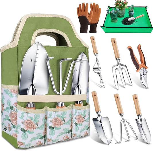 Kynup Gardening Tools, Garden Tools Set-9 Piece Gardening Gift for Women, Gardening Kit Ideal Hand Gardening Spades, Thickened Stainless Steel, Rust-Proof, Garden Supplies, Essentials, Garden Stuff