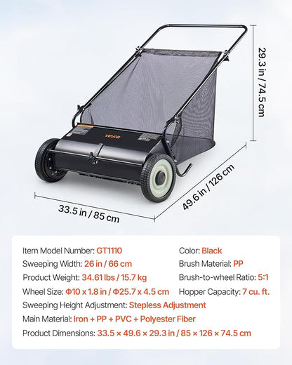 VEVOR Push Lawn Sweeper 26 Inch Leaf & Grass Collector Strong Rubber Wheels | Heavy Duty Thickened Steel Durable to Use with Large Capacity 7 ft³ Mesh Collection Bag, 4 Spinning Brushes