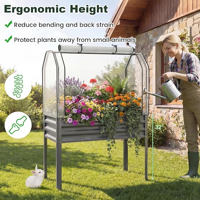Giantex Raised Garden Bed with Legs & Greenhouse Cover, 44x22x60 Elevated Metal Planter Box with Roll-up Door, Outdoor Mini Greenhouse for Vegetable Flower Herb Patio Balcony (Gray,2)