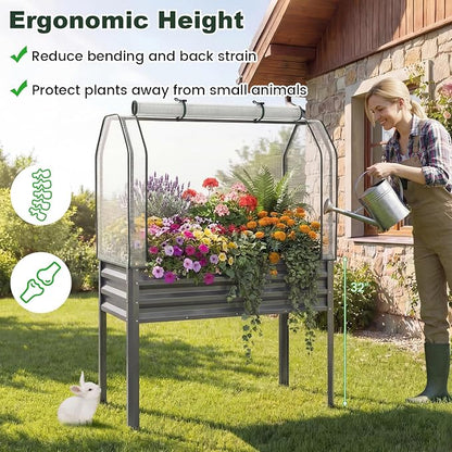 Giantex Raised Garden Bed with Legs & Greenhouse Cover, 44x22x60 Elevated Metal Planter Box with Roll-up Door, Outdoor Mini Greenhouse for Vegetable Flower Herb Patio Balcony (Gray,2)