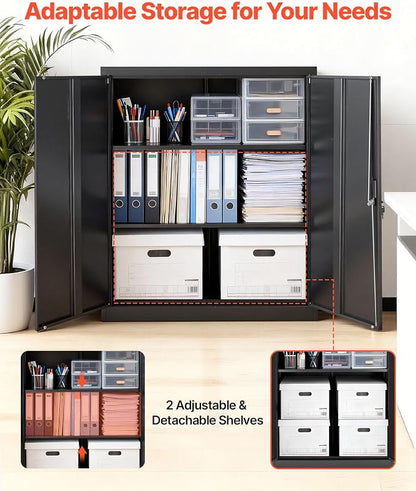 VEVOR Metal Storage Cabinet, 41.7 in Steel Garage Cabinet with 2 Adjustable Shelves, 2 Magnetic Doors & 2 Keys, 3 Tiers Lockable Tool Storage for Pantry, Warehouse, Basement, Office, Black