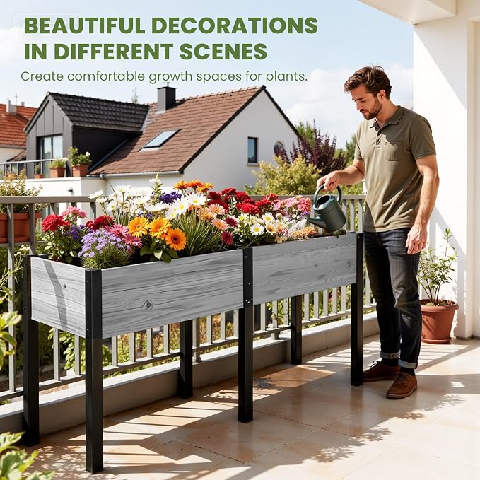 SUNYRISY Dual Wooden Raised Garden Bed Outdoor with Metal Legs for Gardening, 71" L x 23.6" W x 31.5" Elevated Planter Garden Box Raised Bed for Vegetable Flower Herb, Gray
