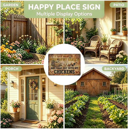 Funny Garden Metal Signs, Vintage Outdoor Wall Decor 12x8 Inch | Work in My Garden With Chickens, Weatherproof Aluminum Sign for Patio Yard Greenhouse, Gift For Gardeners