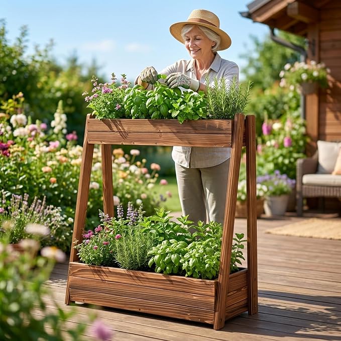 36" 2-Tier Fir Wood Elevated Raised Garden Bed | Fir wood tiered planter with 23" vertical growing space, drainage holes, liner, and no-bend height for patio or balcony