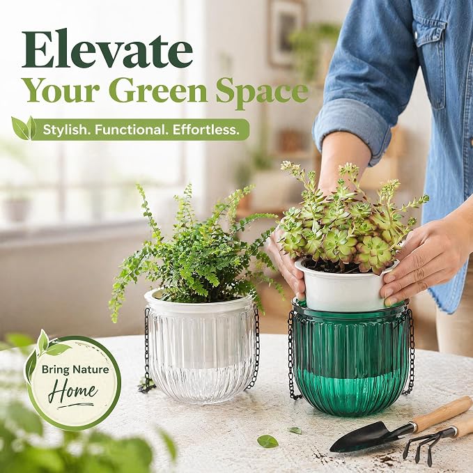 Pumtus 3 Pack Hanging Planters for Indoor Plants, 6.5 Inch Self Watering Flower Pot with Drainage Hole, Plastic Hanging Basket with 3 Hooks Chains, Plant Holder for Outdoor Plants, Herbs (3 Colors)