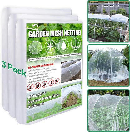 SnugNiture 3 Pack Garden Netting 8x24FT Ultra Fine Mesh Mosquito Netting Plant Covers, White Bird Netting Barrier Greenhouse Row Cover Protect Fruits Flower Vegetables from Birds Deer & Squirrels